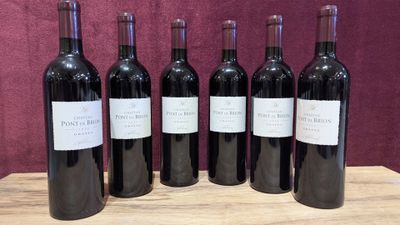 six bottles of red wine are lined up on a wooden table