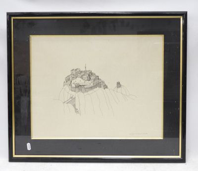 a drawing of a castle on a hill in a black frame
