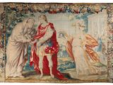 an image of a tapestry with a painting of a man and a woman