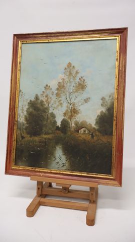 « Pêcheur au bord d’une rivière ». Huile sur panneau. 58.5 X 44.5...