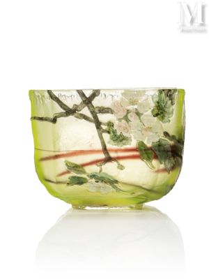 un bol en verre rempli d'eau et de fleurs, posé sur une surface blanche