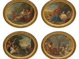 four oval paintings of women and children in a wooded setting