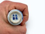 a hand holding a cup with a blue and white design on it