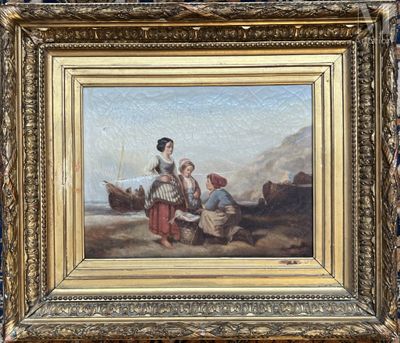 an oil painting of a woman and a child on a beach