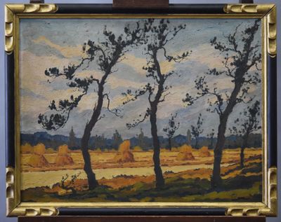 an oil painting of trees in a field with a sky in the background
