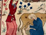 a rug with a picture of a woman and a cow on it