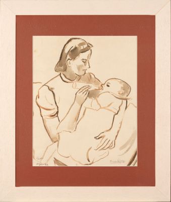 drawing of a woman feeding a baby with a bottle in her hand