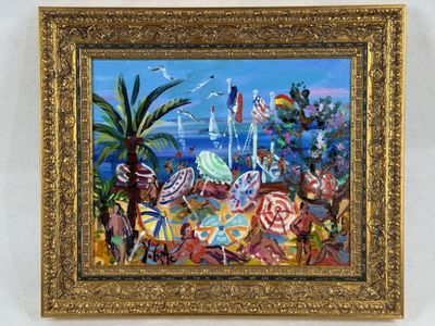 a painting of people on the beach with umbrellas