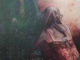 un tableau représentant une femme assise dans un champ avec un chien