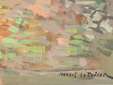 an image of a painting of a landscape with trees and water lillies