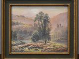 an oil painting of a landscape with a house in the distance
