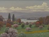 painting of a view of a lake and a field with trees in the foreground