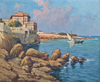 tableau représentant une maison sur un rivage rocheux, avec un voilier au premier plan