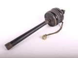 an old wooden hammer with a brass handle on a white background