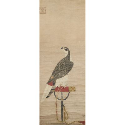 an oriental painting of a bird sitting on top of a pole