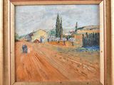 an oil painting of a dirt road with a farm in the background
