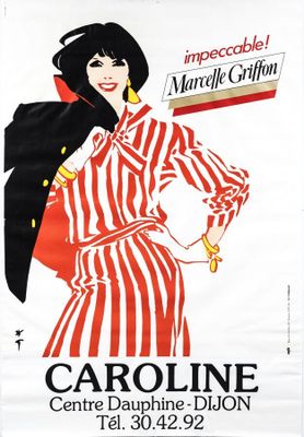 une publicité pour une marque de cigarettes mettant en scène une femme vêtue d'une robe à rayures rouges et blanches