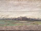 an old painting of a field with trees in the distance