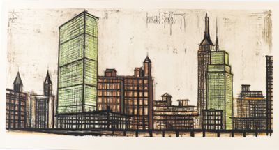 dessin représentant une ville avec de grands immeubles en arrière-plan