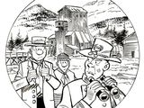 an image of a black and white drawing of a group of people in front of a barn