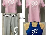 three pictures of a woman ' s shirt and pants with the letter q on them