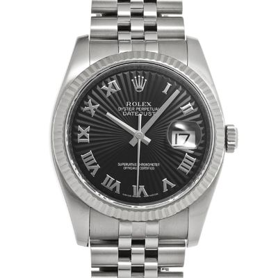 Montre Rolex en acier inoxydable avec cadran noir à chiffres romains et guichet de date