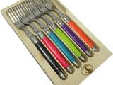 six forks and a knife in a wooden box