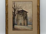 an old picture of a building with a tree in front of it