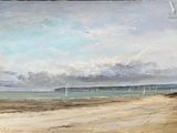 une peinture à l'huile d'une scène de plage avec des bateaux dans l'eau
