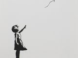 a black and white drawing of a girl holding a red balloon