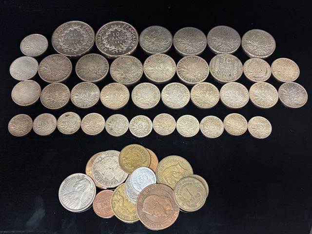 Lot de pièces de monnaie en argent : 5x2 Frs semeuse, 14x1frs Sem...