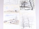 quatre dessins d'arbres dans un paysage enneigé, sur un fond blanc