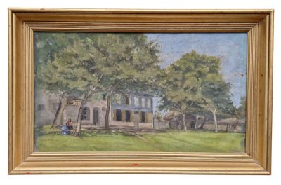 une image d'une peinture représentant une maison dans un champ