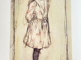 drawing of a little girl in a dress and tights standing in front of a mirror