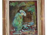 an oil painting of a woman in a green dress and hat