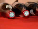 bottles of wine are lined up on a red table cloth