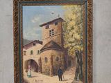 an oil painting of a church with a man and a woman standing in front of it