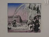drawing of a fountain with people in it and a building in the background