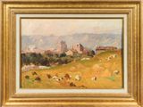 a painting of a landscape with a castle in the distance
