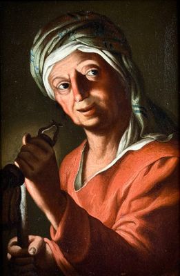an old painting of a woman holding a pipe in her hand