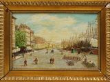 une image représentant une peinture d'une rue de la ville où des gens marchent sur le trottoir
