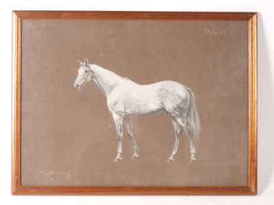 tableau représentant un cheval blanc debout devant un fond marron