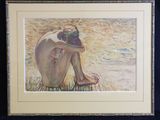 painting of a nude woman sitting on the ground with her head in her hands