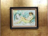 painting of a woman sitting on a couch in a gold frame