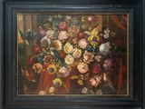 an oil painting of flowers in a vase on a table