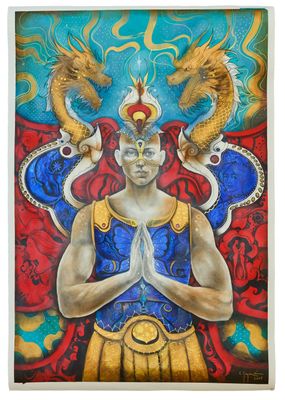 a painting of a man in a blue and red outfit with two birds on his head