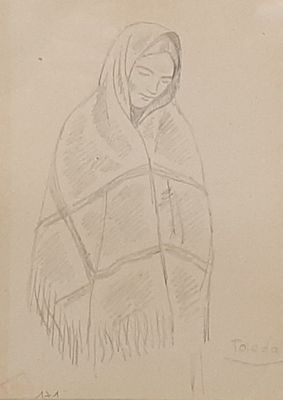 pencil drawing of a woman wrapped in a blanket