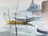 une peinture représentant un bateau sur l'eau, avec un bâtiment en arrière-plan