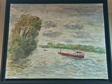 a painting of a boat on the water with trees in the background