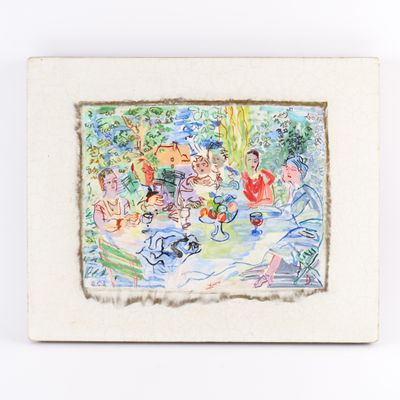 un dessin représentant un groupe de personnes assises autour d'une table